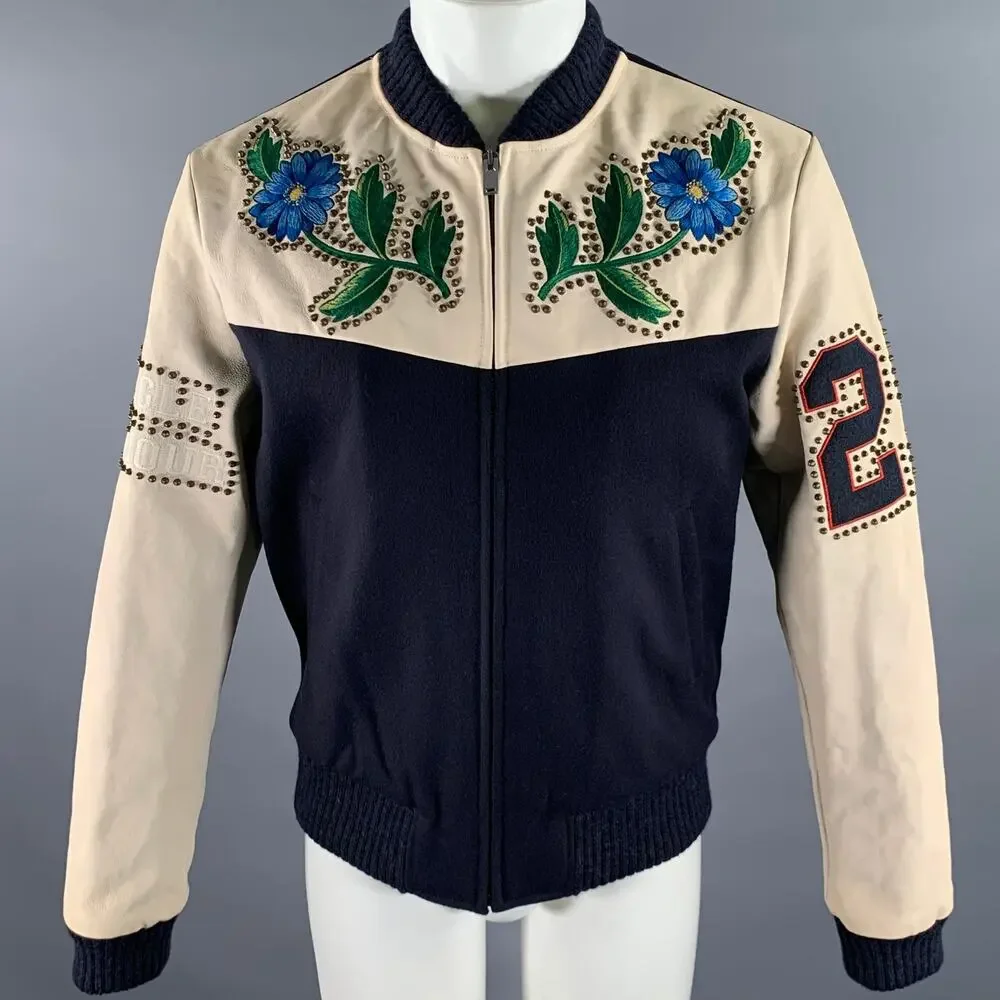 GUCCI Size 40 Navy Beige Studded Wool Zip Up Bomber Jacket